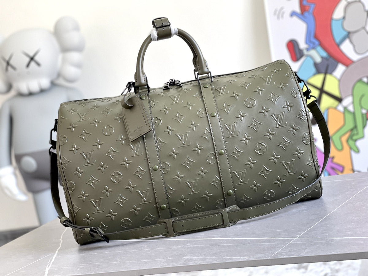 Louis Vuitton Keepall 50 Bandouliere Khaki Empreinte Leather Bag