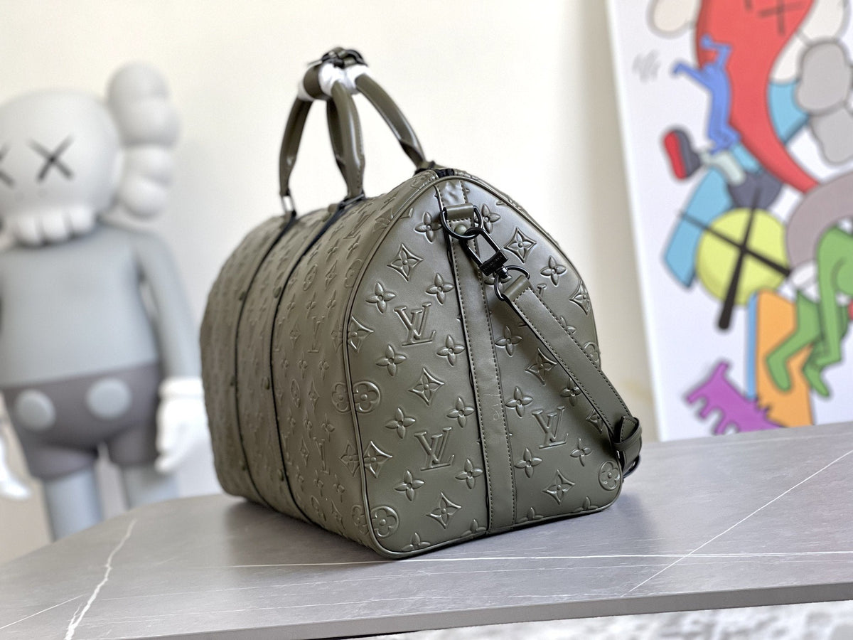 Louis Vuitton Keepall 50 Bandouliere Khaki Empreinte Leather Bag