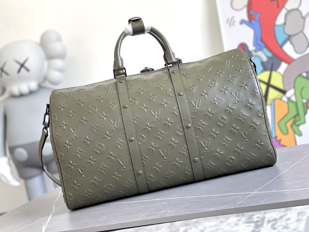 Louis Vuitton Keepall 50 Bandouliere Khaki Empreinte Leather Bag