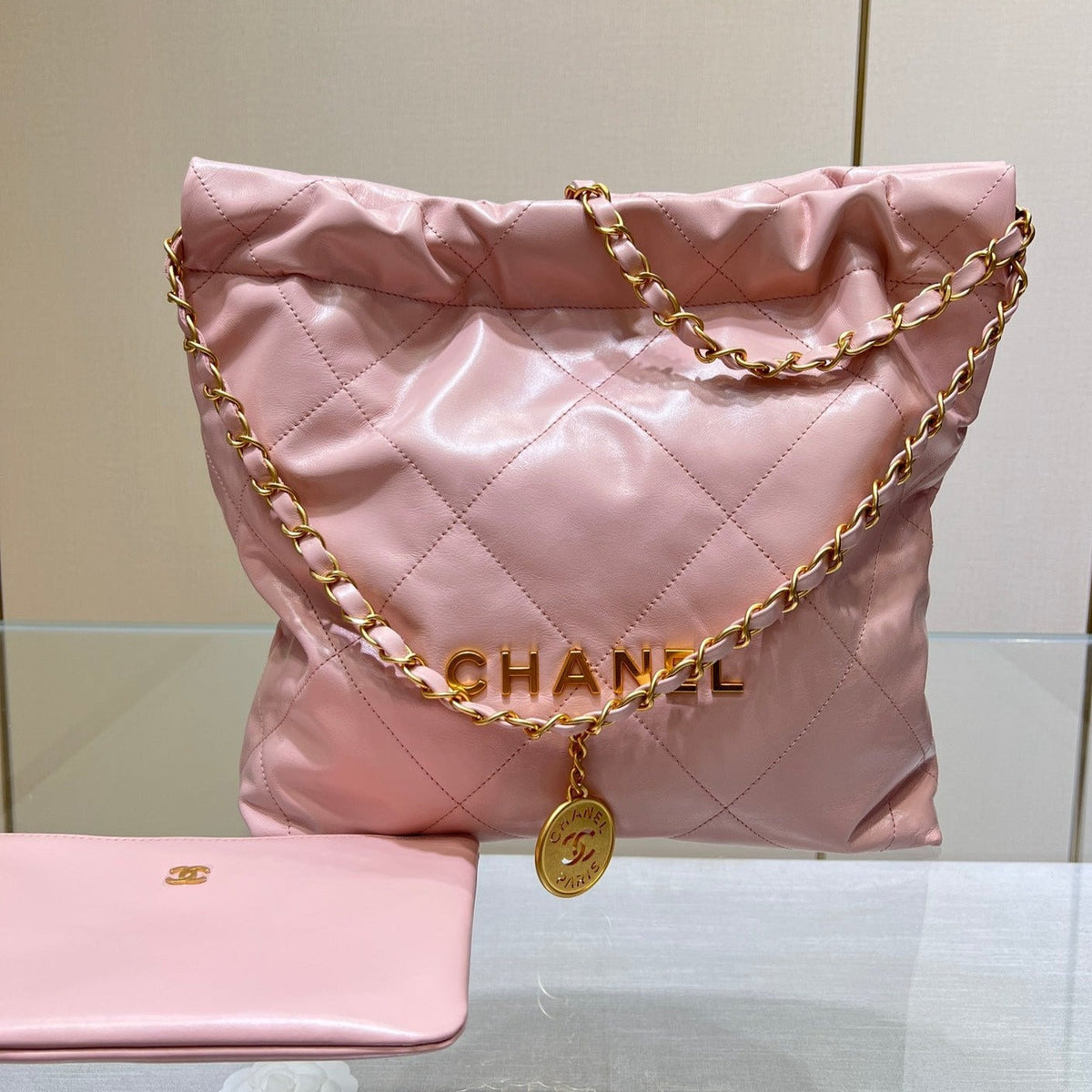 Chanel Hobo Bag 22 Pink Lambskin Gold Hardware
