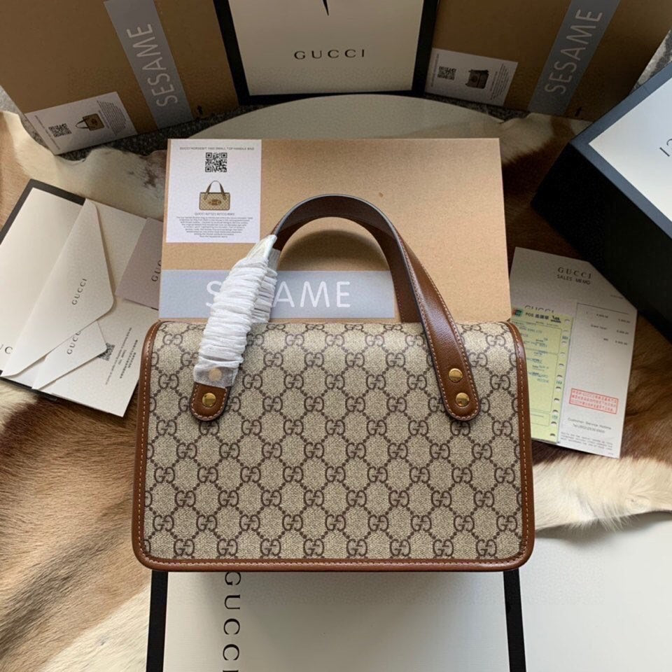 Gucci Horsebit 1955 Small 27 Bag in Beige Canvas and Brown Calfskin