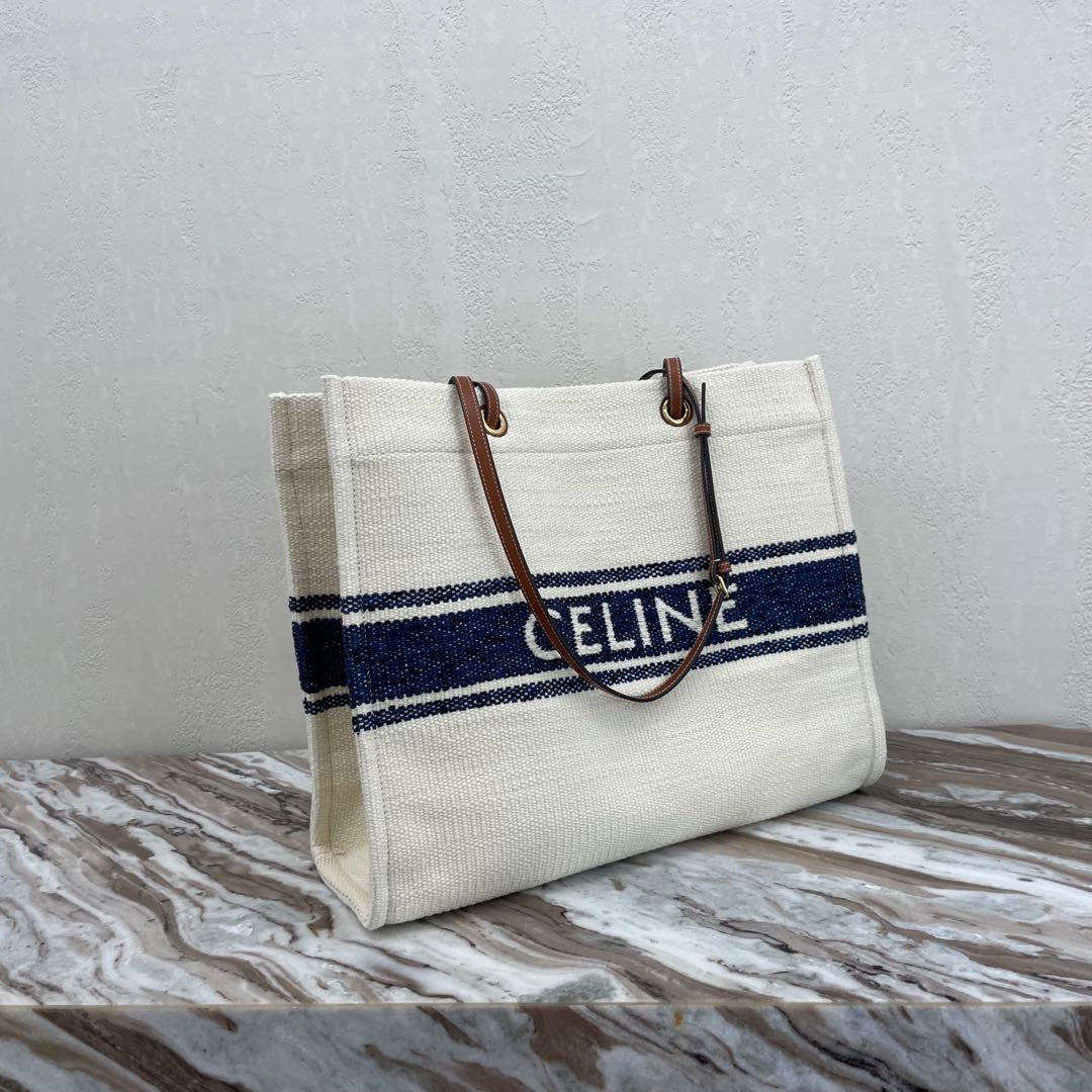 Celine Canvas Tote 43 White/Navy Blue Denim