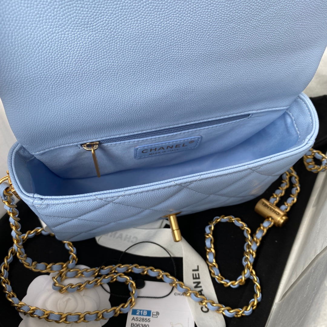 Chanel 25S Classic Flap 19 cm in Pastel Blue Caviar Leather with Gold Hardware Bag