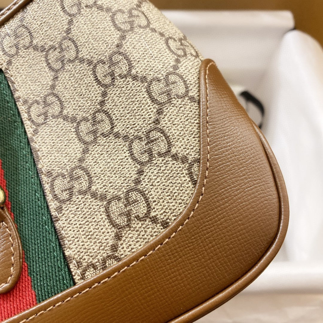 Gucci Jackie 1961 Mini 19 Shoulder Bag in Beige Canvas and Brown Calfskin