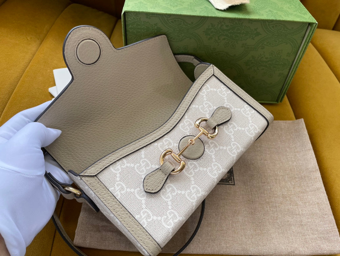 Gucci Horsebit 1955 Mini 18 Bag White Canvas and Beige Calfskin