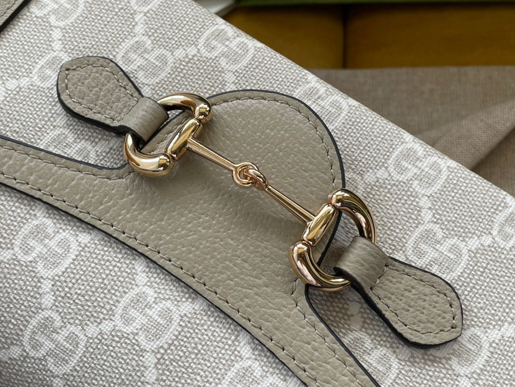 Gucci Horsebit 1955 Mini 18 Bag White Canvas and Beige Calfskin