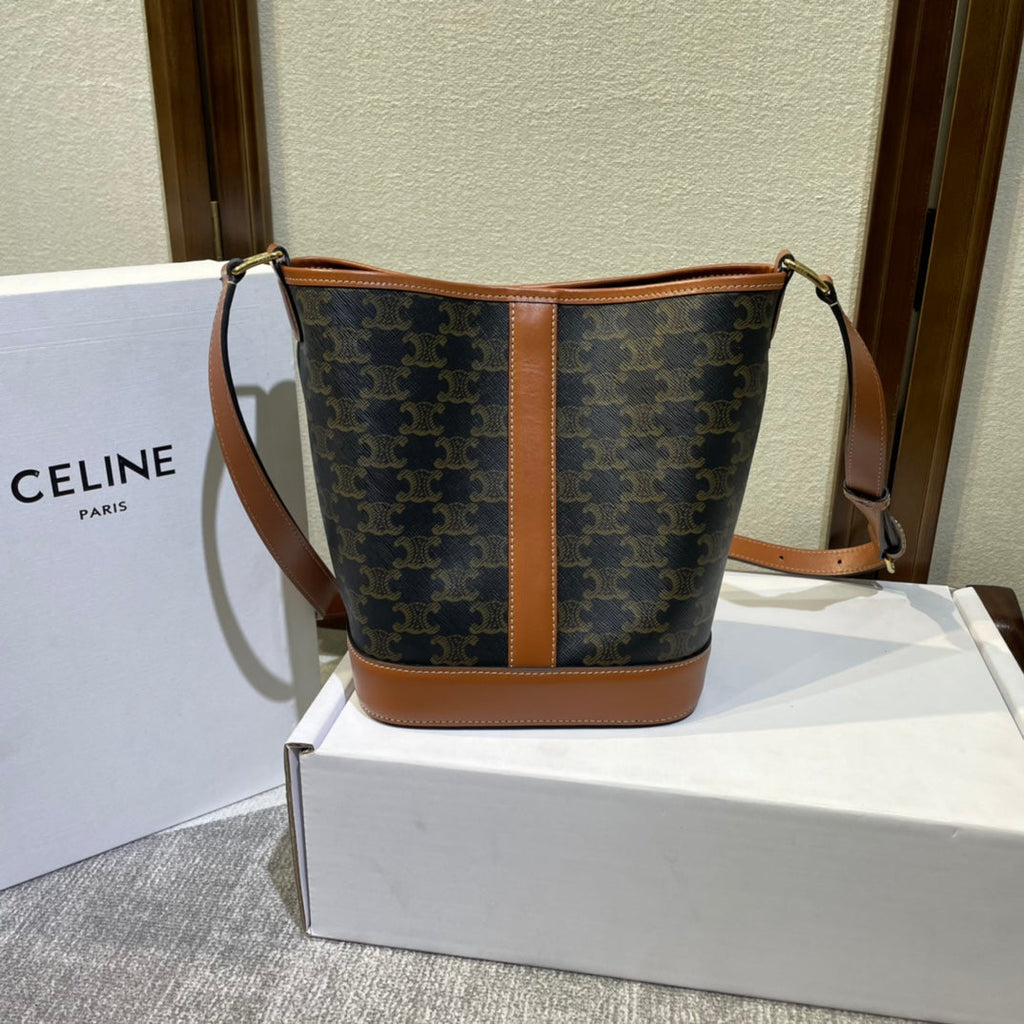 Celine Bucket 30 in Black Triomphe Canvas and Red Brown Calfskin Trim