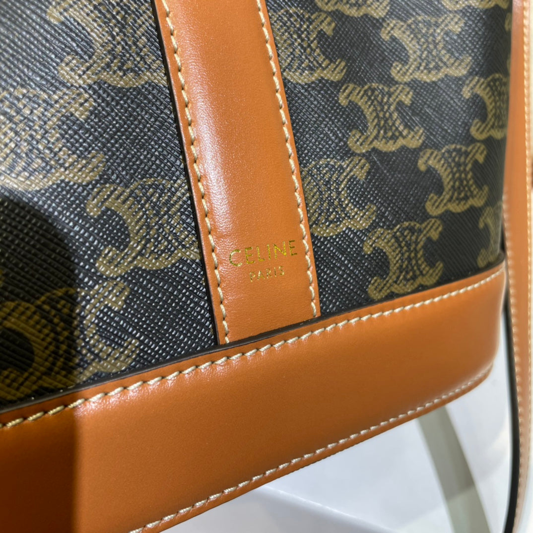 Celine Bucket 30 in Black Triomphe Canvas and Red Brown Calfskin Trim