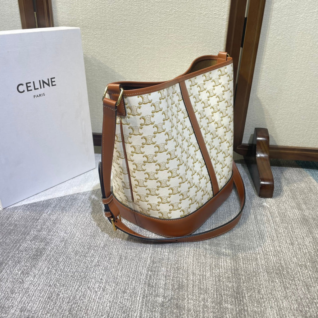Celine Bucket 33 in White Triomphe Canvas and Bronze Brown Calfskin Trim