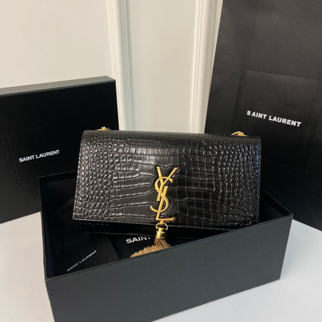 Saint Laurent Kate Tassel 24 Crocodile Pattern Calfskin Black with Gold Logo Bag