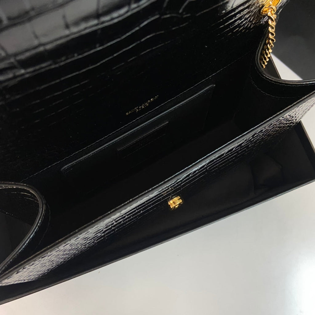 Saint Laurent Kate Tassel 24 Crocodile Pattern Calfskin Black with Gold Logo Bag