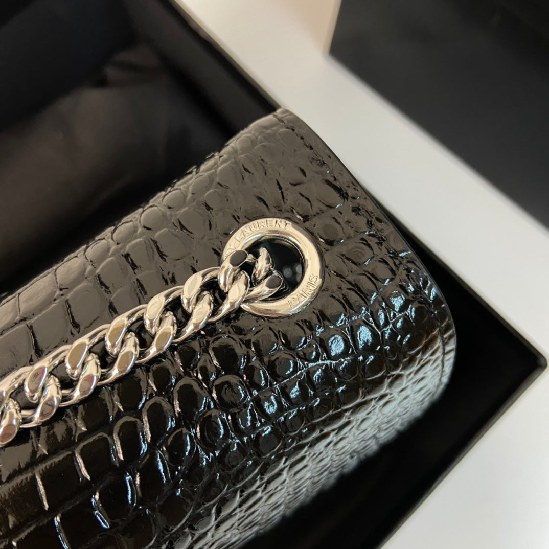 Saint Laurent Kate Tassel 24 Crocodile Pattern Calfskin Black with Silver Logo Bag