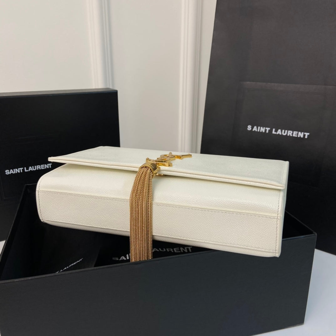 Saint Laurent Kate Tassel 24 White Calfskin with Gold Logo Bag