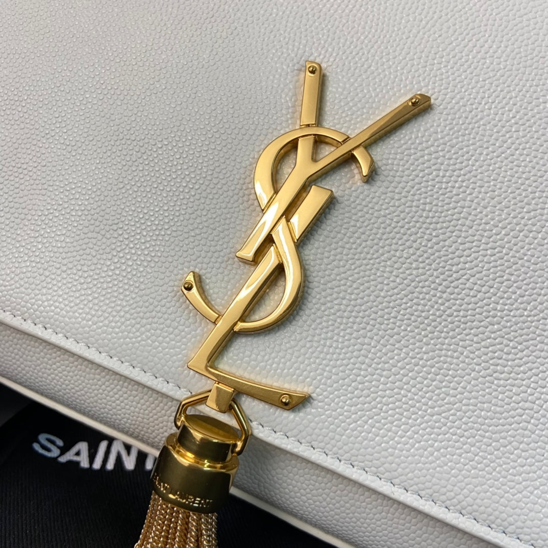 Saint Laurent Kate Tassel 24 White Calfskin with Gold Logo Bag