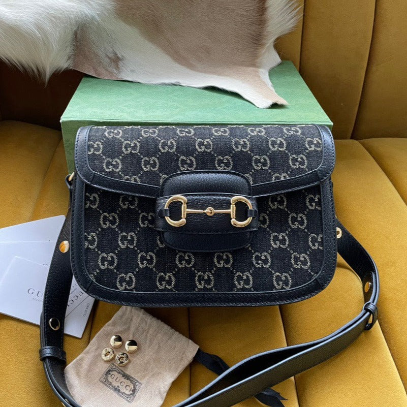 Gucci Horsebit 1955 Saddle Bag 25 in Black Canvas and Calfskin