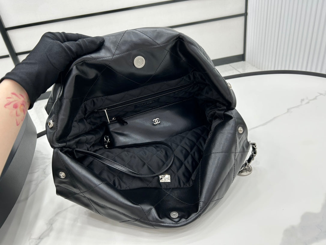 Chanel Large 42 Handbag in Black Calfskin Silver Hardware