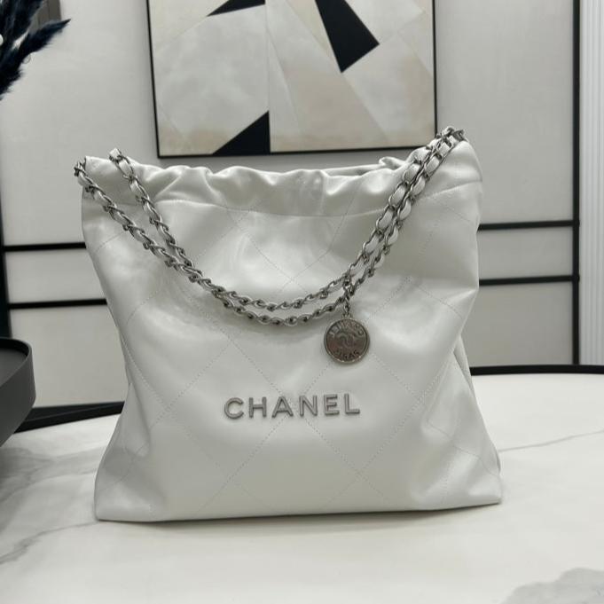 Chanel Large 42 Handbag in White Calfskin Silver Hardware