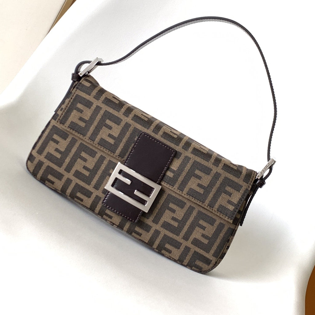 Fend Baguette 27 Shoulder Bag Brown Ff Jacquard Fabric Bag Shw