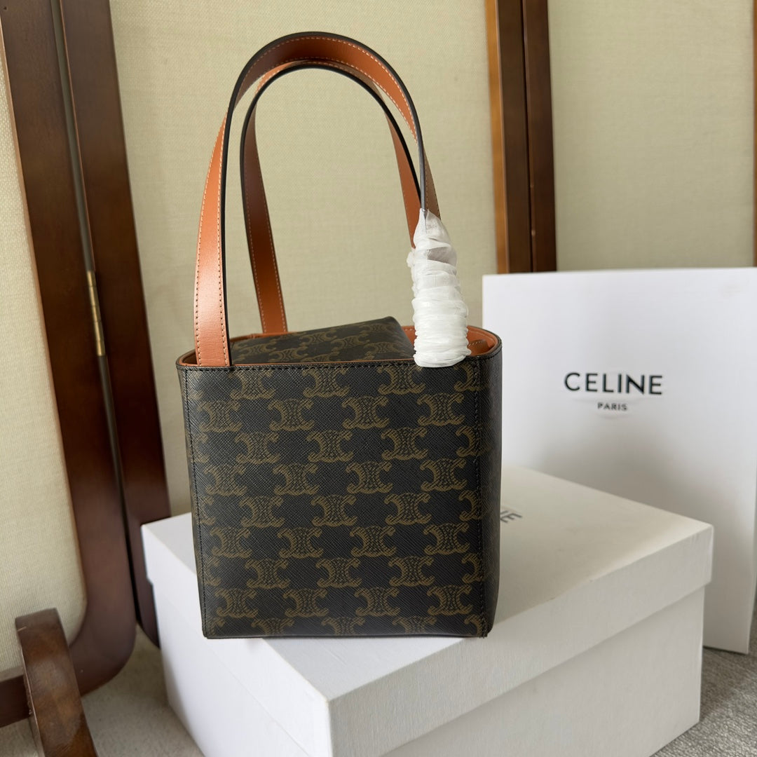 Celine Cube Bag 15 in Black Triomphe Canvas and Brown Calfskin