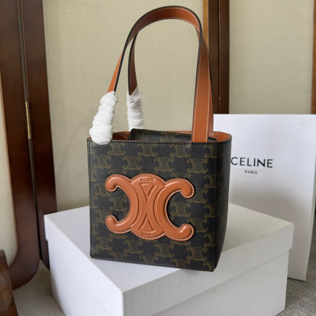 Celine Cube Bag 15 in Black Triomphe Canvas and Brown Calfskin