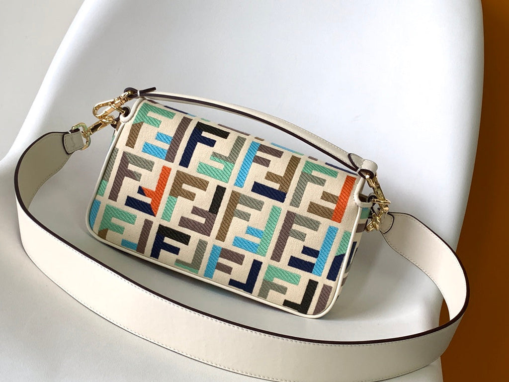 Fend Baguette White and Multicolour Canvas Bag 27 with Ff Embroidery Ghw
