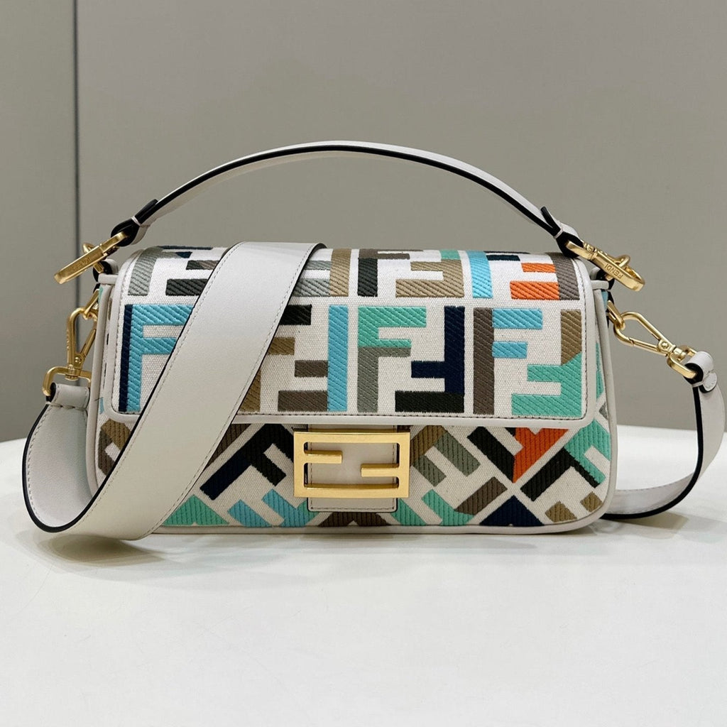 Baguette Canvas 27 Bag White Strap with Multicolour Embroidery Gold Hardware