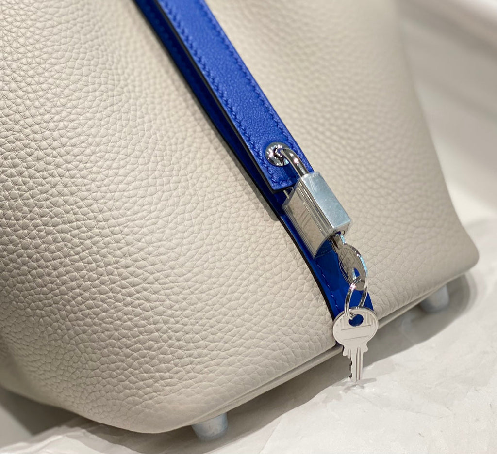 Hermes 25S Picotin Lock 18 in Pearl Gray and Electric Blue Calfskin Silver Hardware Bag