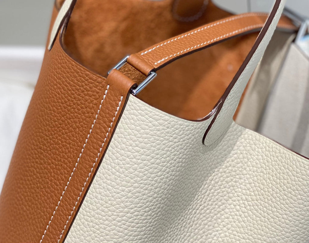 Hermes 25S Picotin Lock 18 in White and Brown Calfskin Silver Hardware Bag