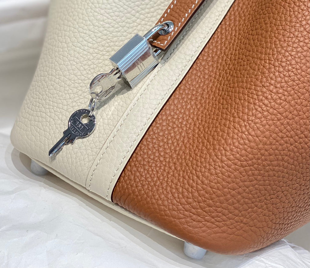 Hermes 25S Picotin Lock 18 in White and Brown Calfskin Silver Hardware Bag