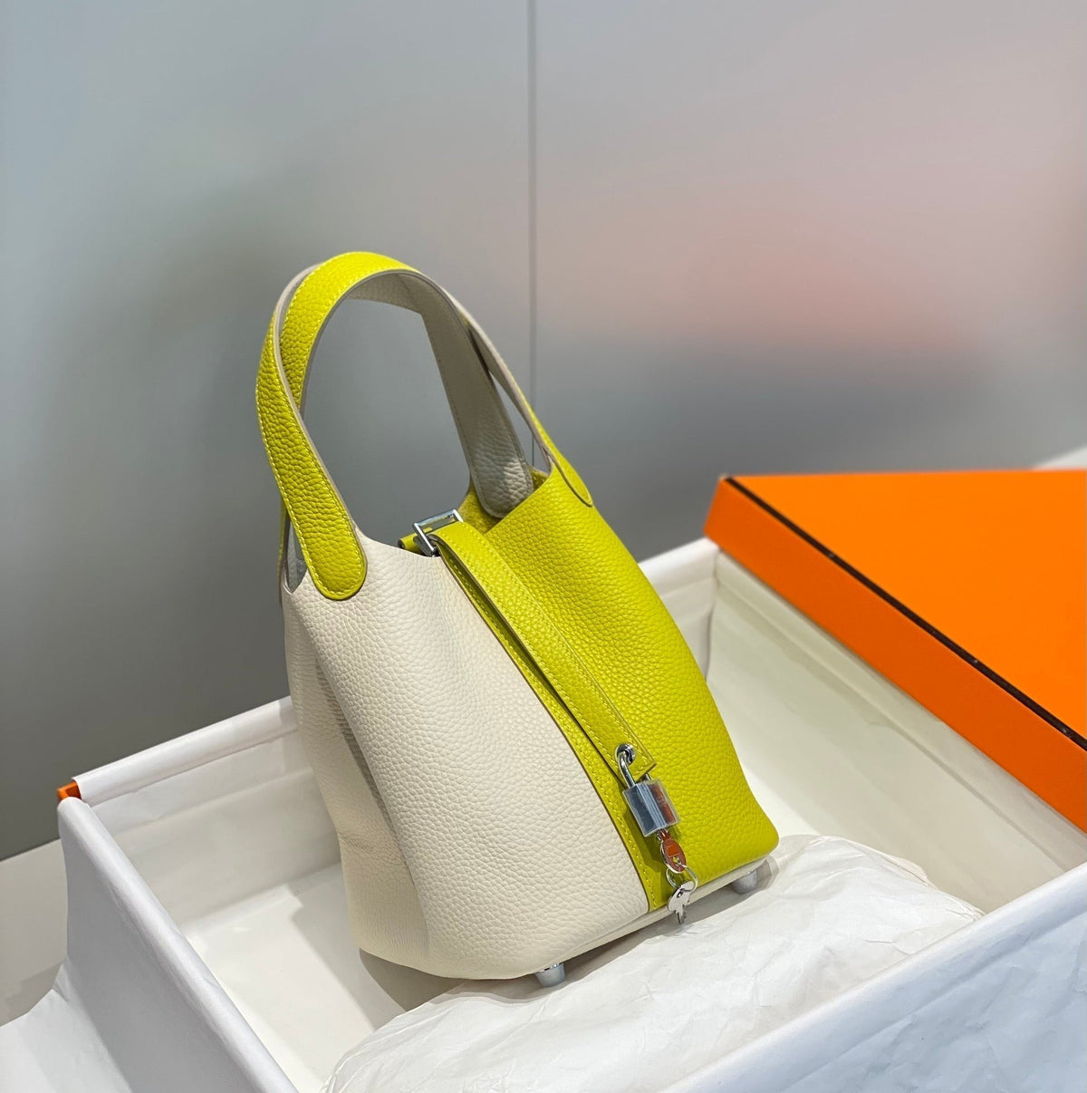 Hermes 25S Picotin Lock 18 in White and Lemon Yellow Calfskin Silver Hardware Bag
