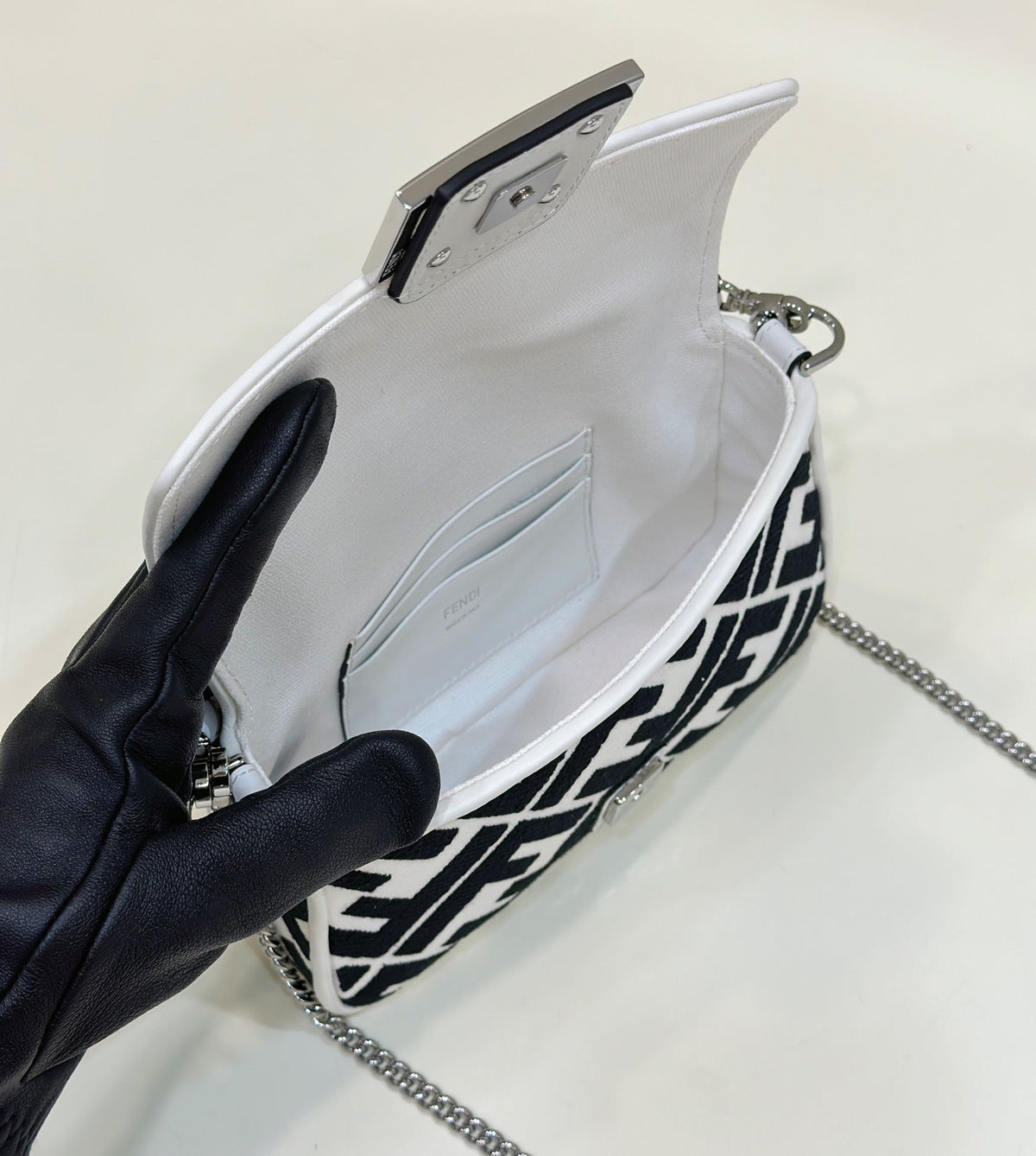 Fendi 19 Baguette Bag in Black Mix White Canvas with Gold Hardware
