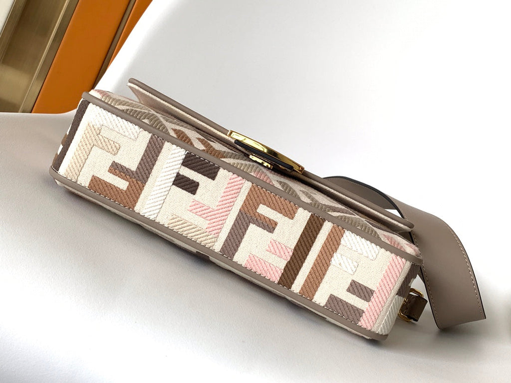 Fend Baguette White Brown and Multicolour Canvas Bag 27 with Ff Embroidery Ghw