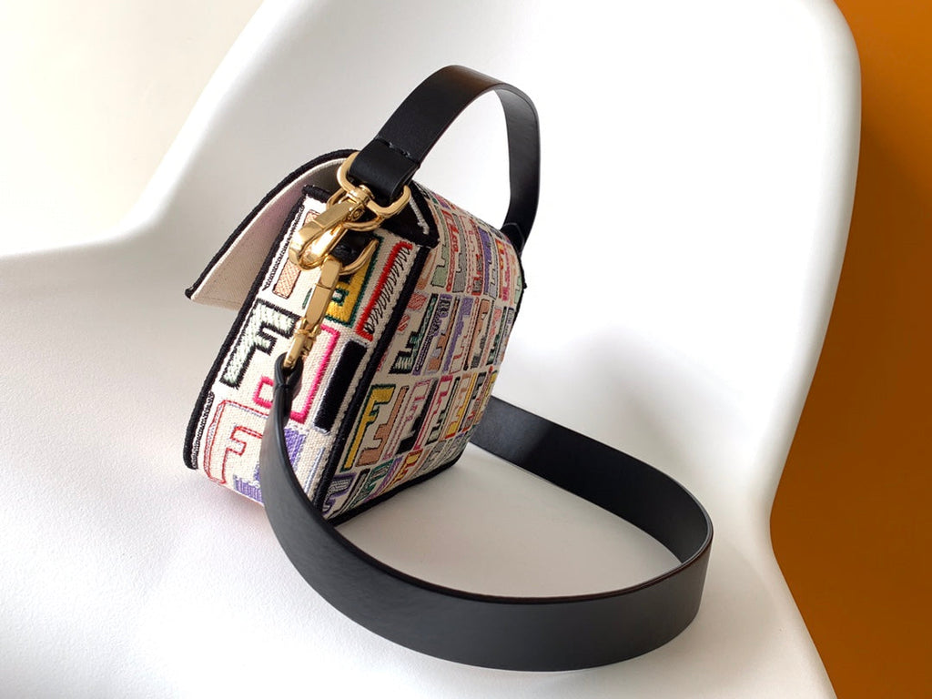 Fend Baguette Black and Multicolour Canvas Bag 27 with Ff Embroidery Ghw