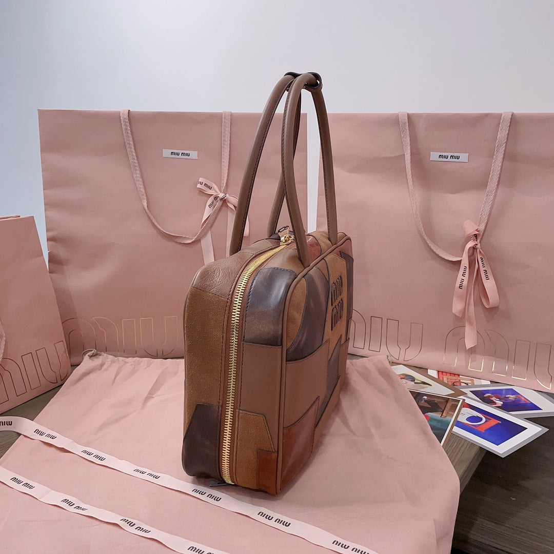 Beau Top Handle Bag 34 in Cognac Leather Patchwork