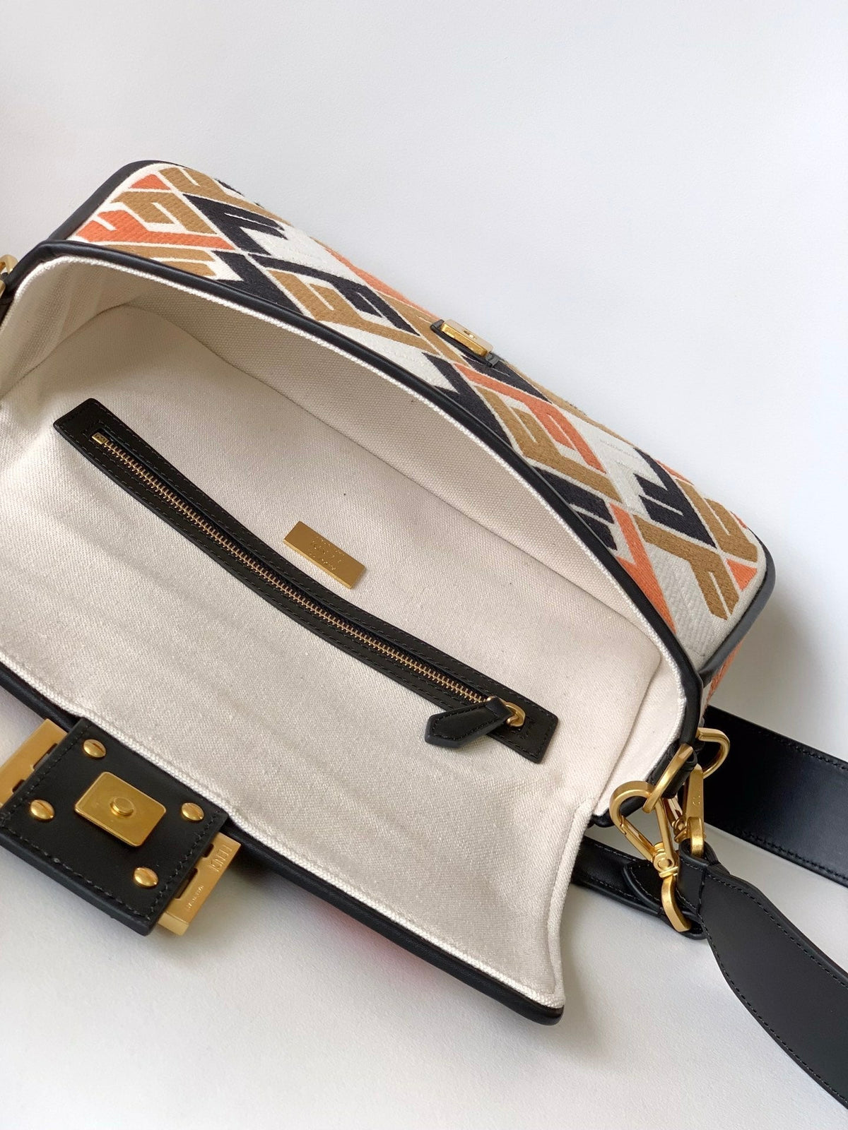 Fend Baguette Black White Brown Orange Canvas Bag 27 with Ff Embroidery Ghw