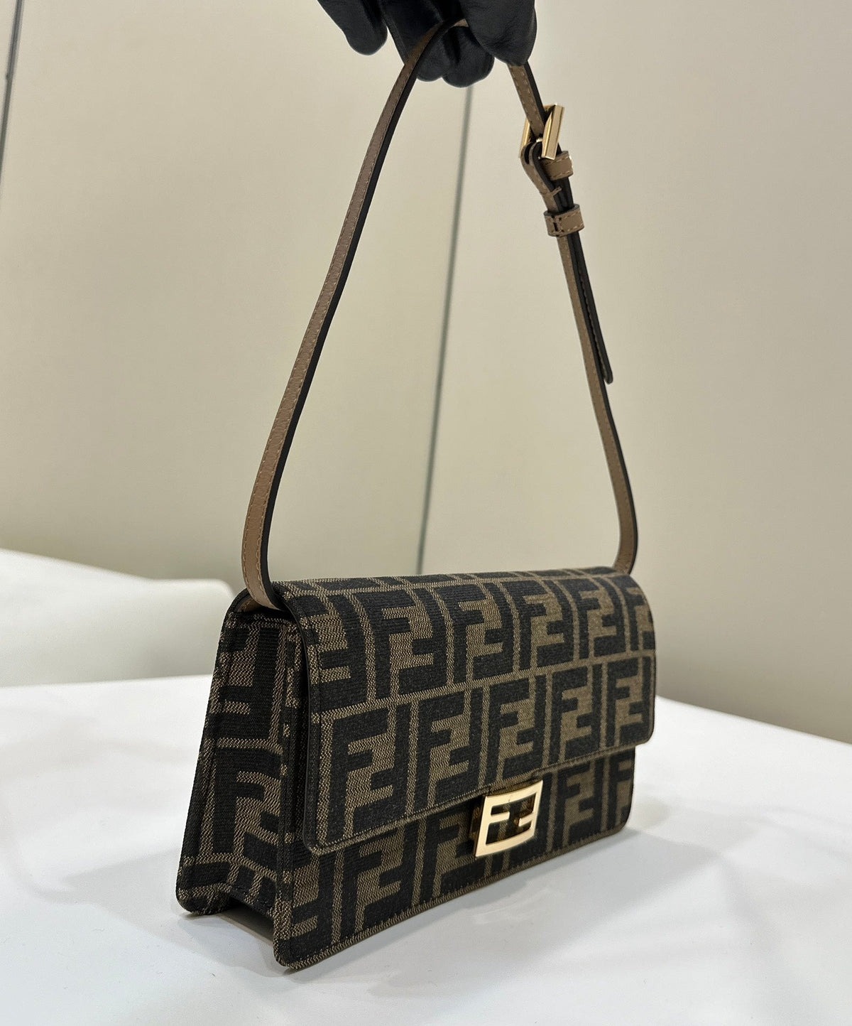 Baguette Chain Midi 21 in Brown Mix Black Monogram Jacquard Fabric Bag
