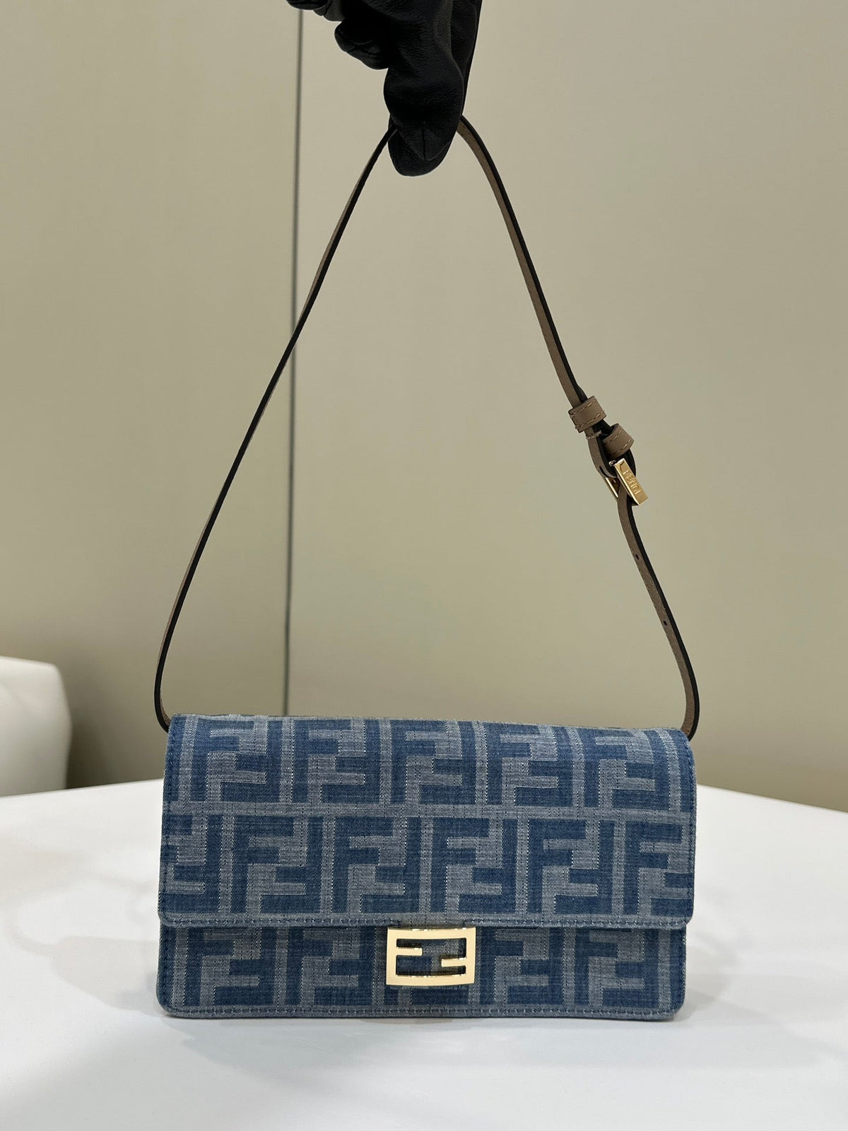 Baguette Mini 21 Bag in Cerulean Blue Monogram Denim with Gold Hardware