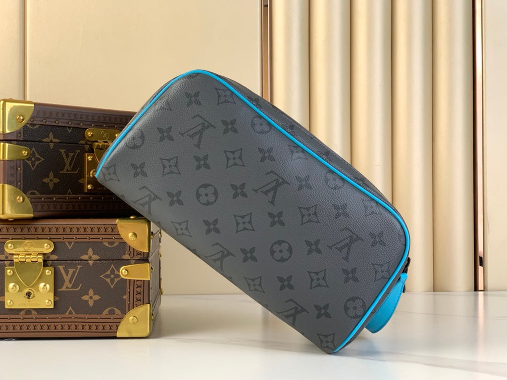 Louis Vuitton Dopp Kit 28 in Gun Metal Monogram Eclipse Canvas and Turquoise Calfskin Trim Bag