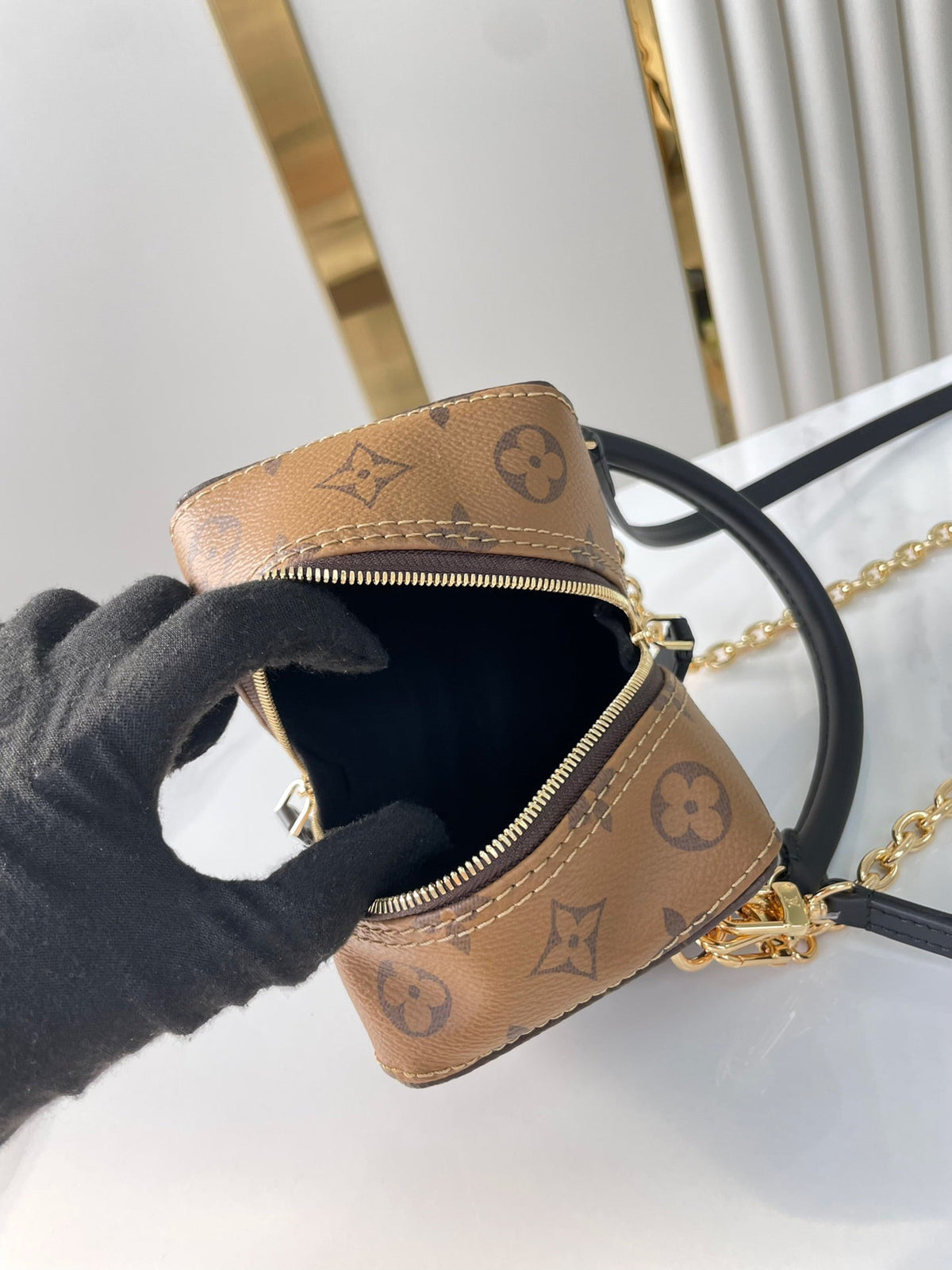 Louis Vuitton Dice 9 in Brown Monogram and Monogram Reverse Canvas Gold Hardware Bag