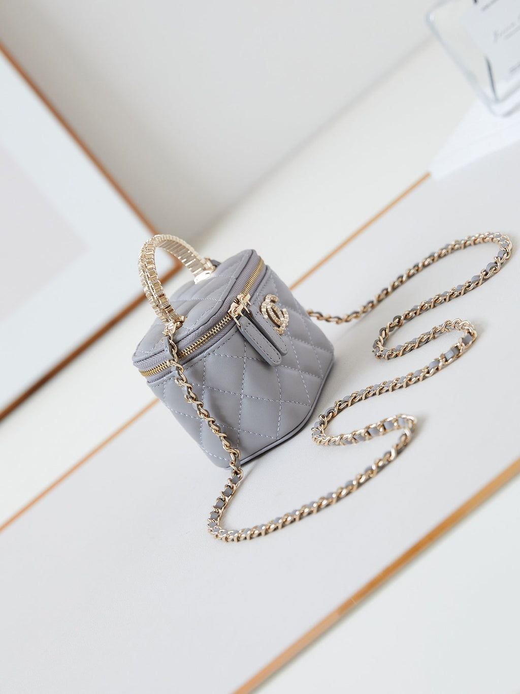 Chanel 25S Mini Vanity Bag 11 cm in Grey Lambskin with Crystal-Embellished Logo