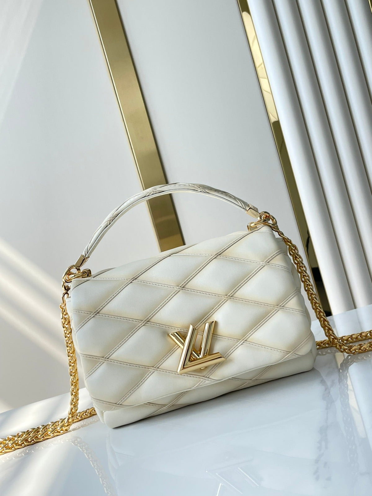 Louis Vuitton GO-14 PM 20 in Cream Quilted Lambskin Gold Hardware Bag
