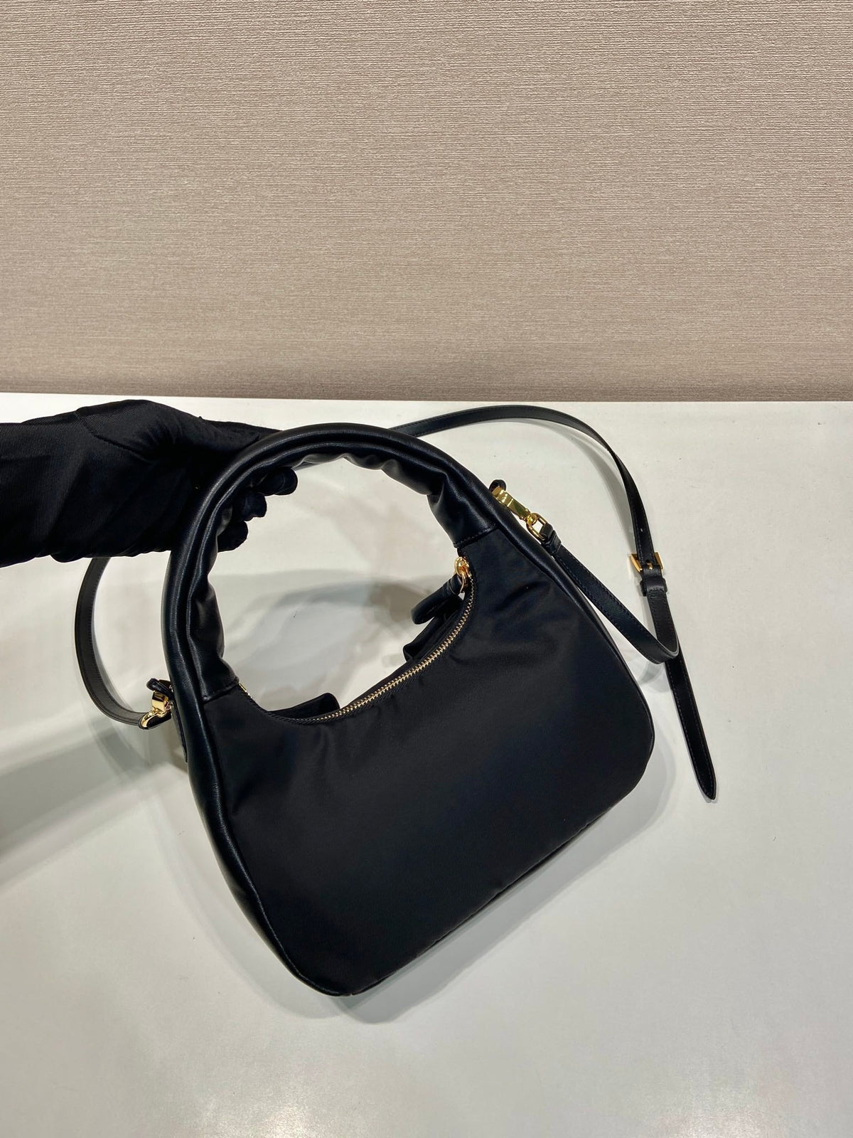 Prada Bow Hobo Bag 22 in Black Re-Nylon and Lambskin
