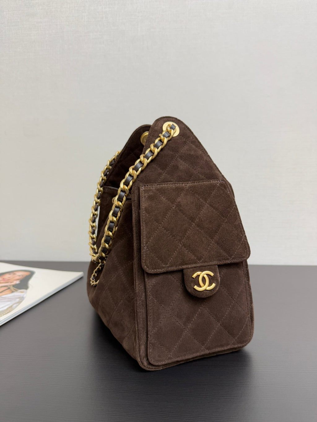 Chanel 25S Hobo Bag 30 cm in Dark Brown Suede with Gold Hardware