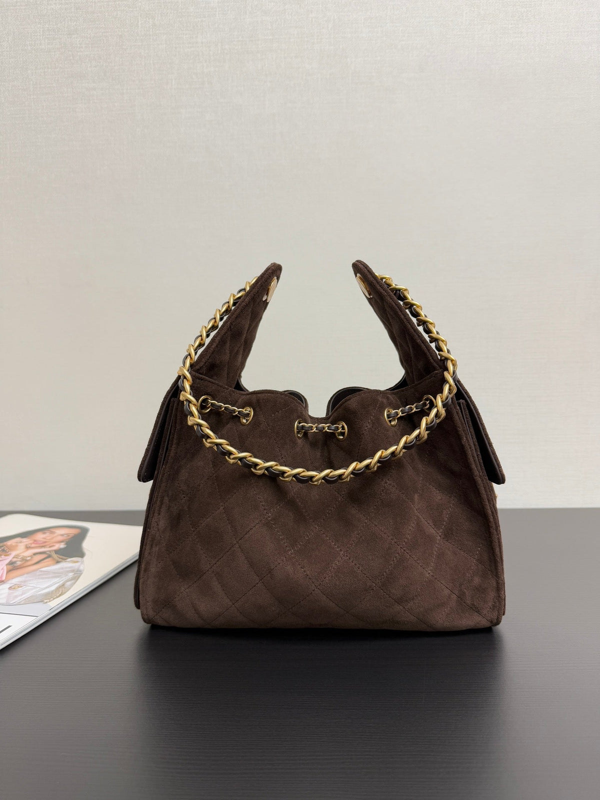 Chanel 25S Hobo Bag 30 cm in Dark Brown Suede with Gold Hardware