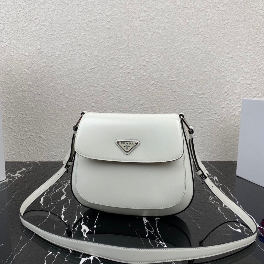 Prada Cleo 24 White Black Brushed Leather Shoulder Bag