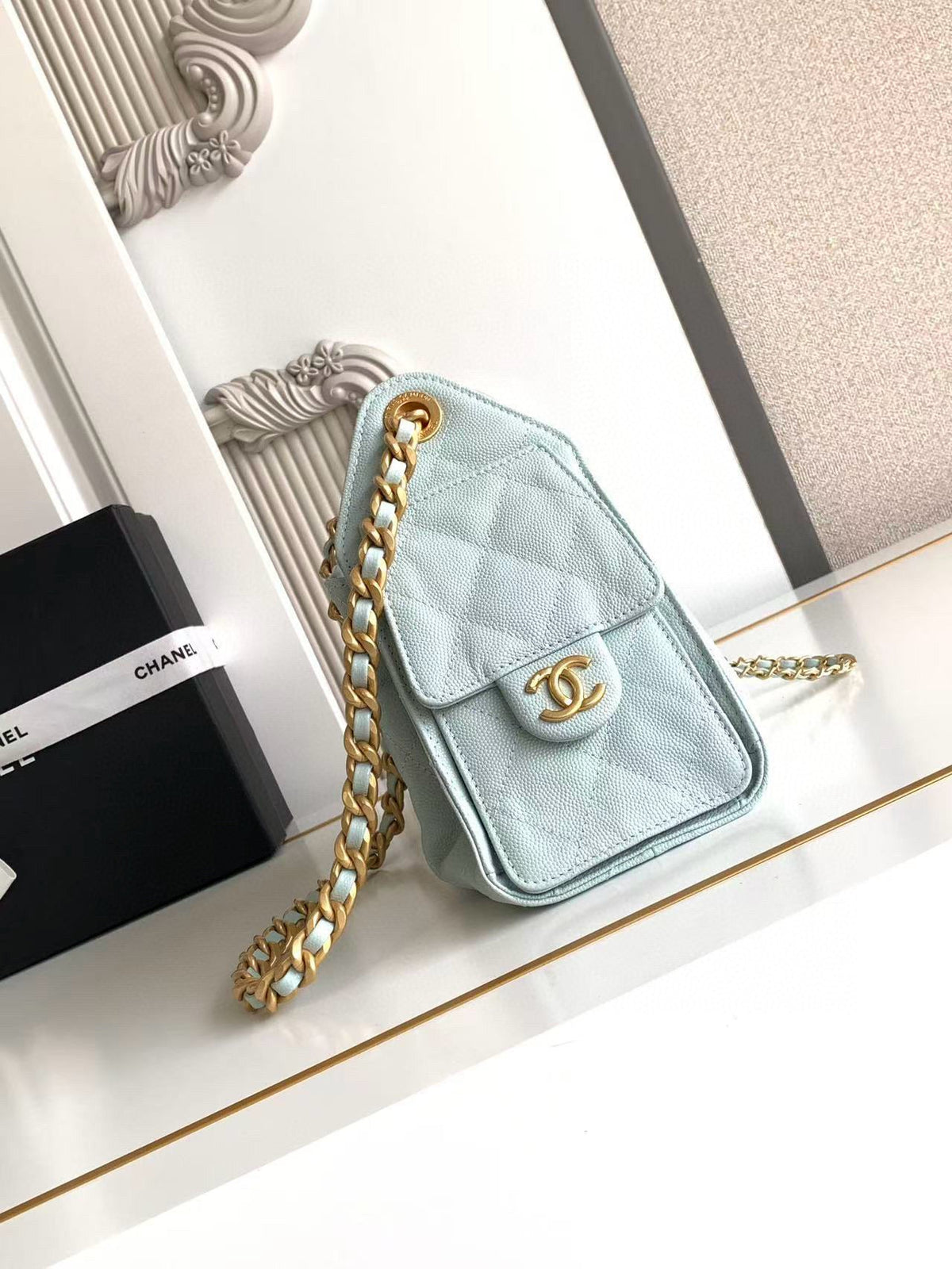 Chanel 25 Mini Handbag 22cm in Baby Blue Grained Calfskin Gold Hardware