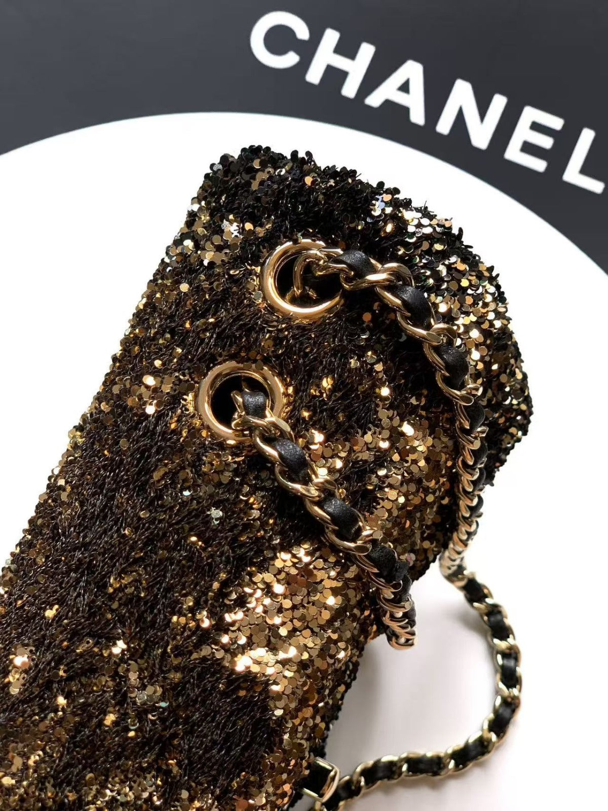 Chanel 20 Sequins Flap Bag in Black Mix Brown