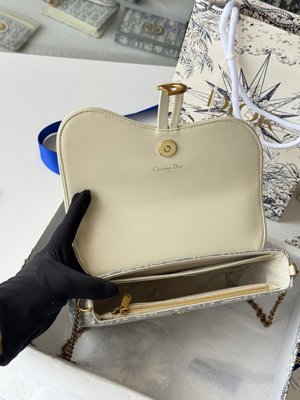 Dior 25S Medium Saddle Pouch with Chain 21 in Light Blue Dior Oblique Jacquard Canvas