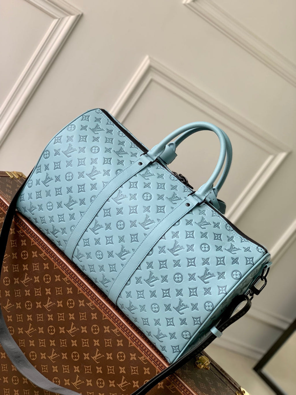 Louis Vuitton Keepall Bandoulière 50 in Sky Blue Monogram Shadow Embossed Calfskin Bag