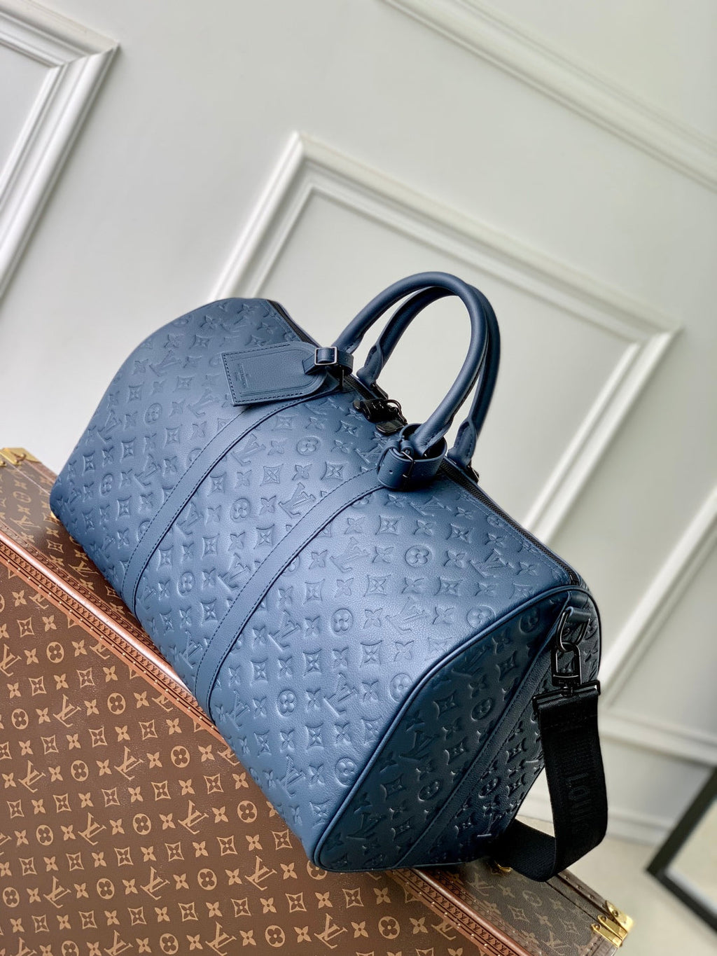 Louis Vuitton Keepall Bandoulière 50 in Dark Blue Monogram Shadow Embossed Calfskin Bag